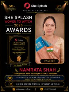Namrata Shah recognised at the She Splash Women to Watch 2026 Awards as an Outstanding Vedic Astrologer and Vastu Consultant.