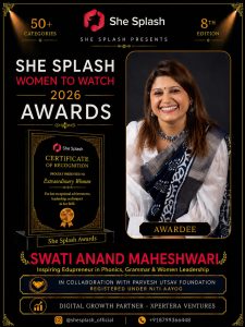 Swati Anand Maheshwari recognised at the She Splash Women to Watch 2026 Awards as an inspiring edupreneur in phonics, grammar and women leadership.